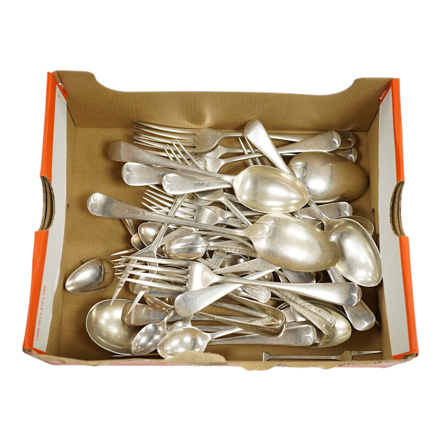 Eighteen items of George V silver Old English pattern flatware, Cooper Brothers & Sons, Sheffield, 1930, together with twenty other items of assorted silver flatware, various dates and makers, 44.1 oz and four plated ite